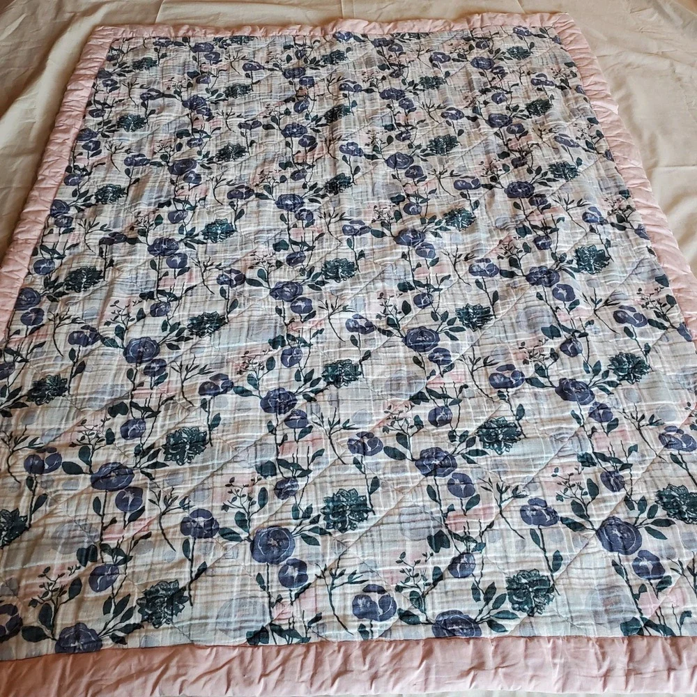 Aden + Anais Essentials Floral Muslin Baby Blanket Pink Blue Quilted 38x47in